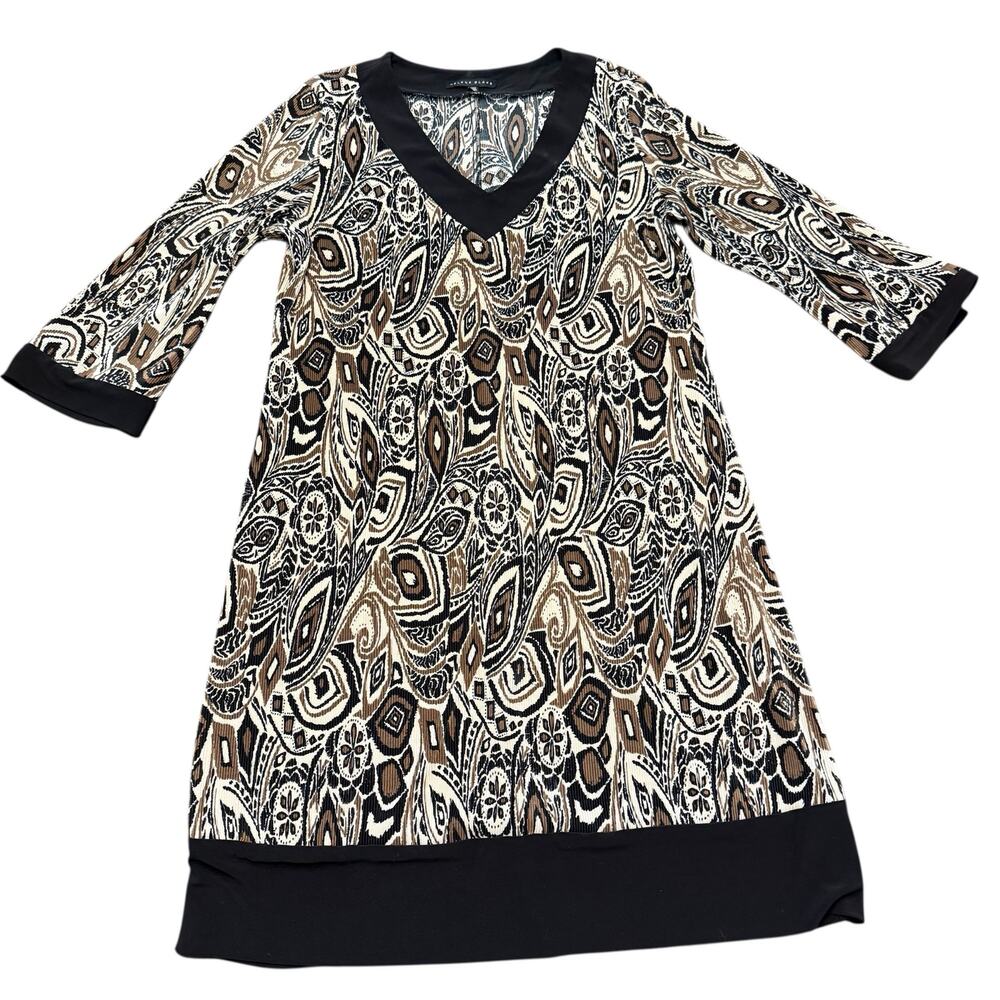 Helene Blake dress, crinkle black brown white pattern, vneck, 3/4 length, XL